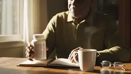 A man in his sixties at a desk turning a white supplement bottle to read the back panel beside a mug of coffee