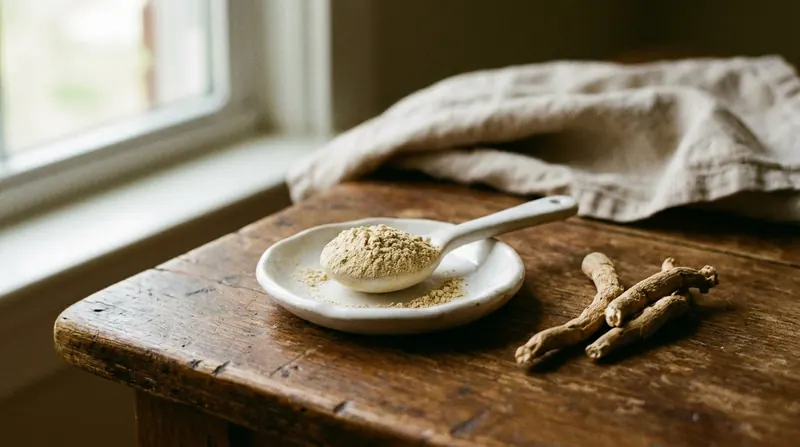A small dish of pale ashwagandha root powder beside two dried roots on a dark wooden table