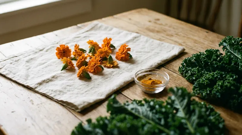 Orange marigold flower heads on linen beside a small dish of yellow-orange powder and dark green leaves