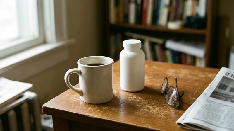 A half-full mug of black coffee beside a white supplement bottle, reading glasses and a folded newspaper on a desk