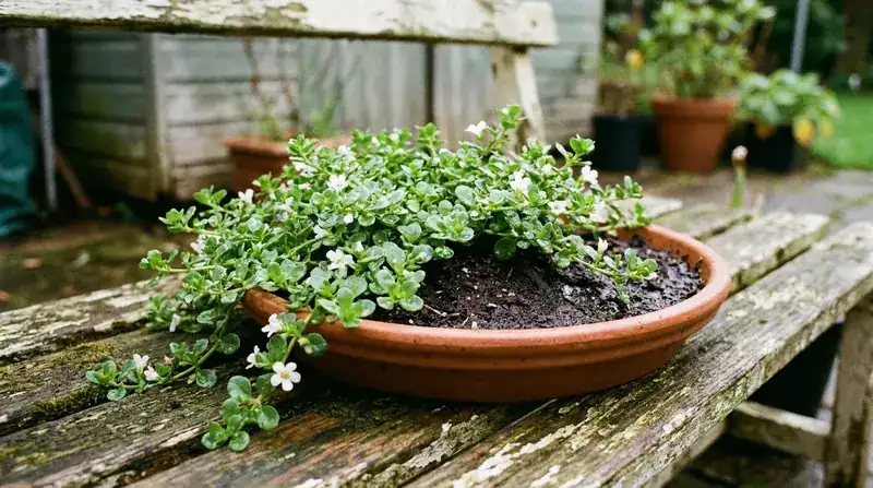 A creeping bacopa plant with small green leaves and white flowers in a shallow terracotta dish