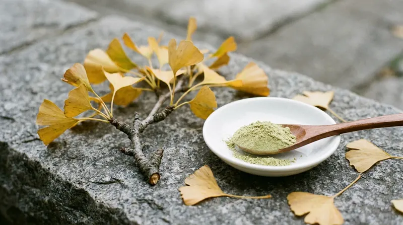 A branch of golden ginkgo leaves on a grey stone surface beside a dish of pale green leaf powder