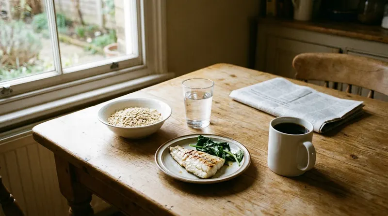 A kitchen table with a bowl of plain oats, a glass of water, a plate with fish and greens, and a mug of coffee