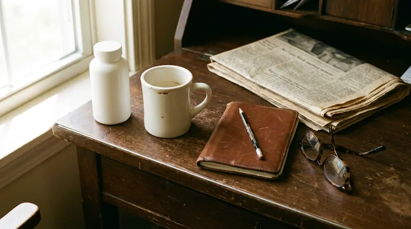 A desk at the end of a morning with a closed white bottle, an empty mug, a closed notebook and reading glasses