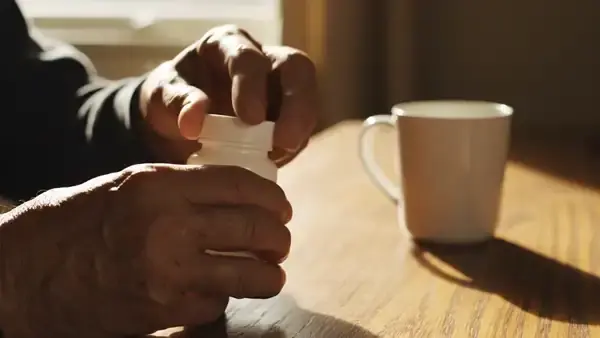 A man's hands tipping two capsules from a white bottle into his palm beside a mug on a desk