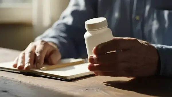A man's hands rotating a white bottle to bring the back panel into view above an open notebook