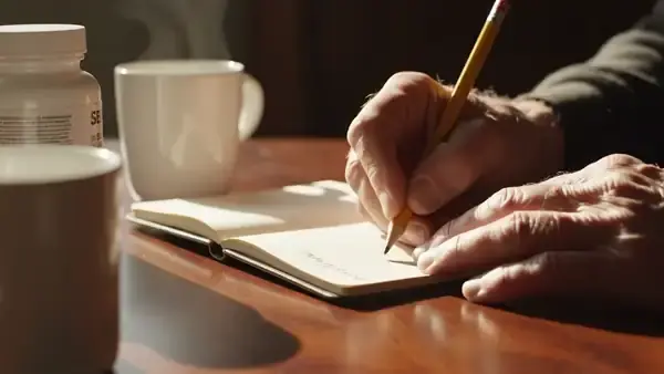 A man's hands writing a line in a notebook and underlining a word beside a bottle and a mug
