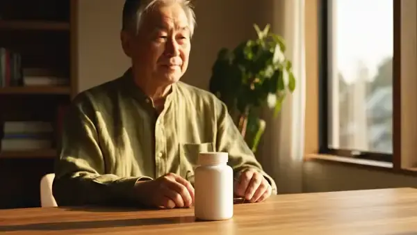A man in his sixties putting on reading glasses and leaning in to read a bottle on his desk